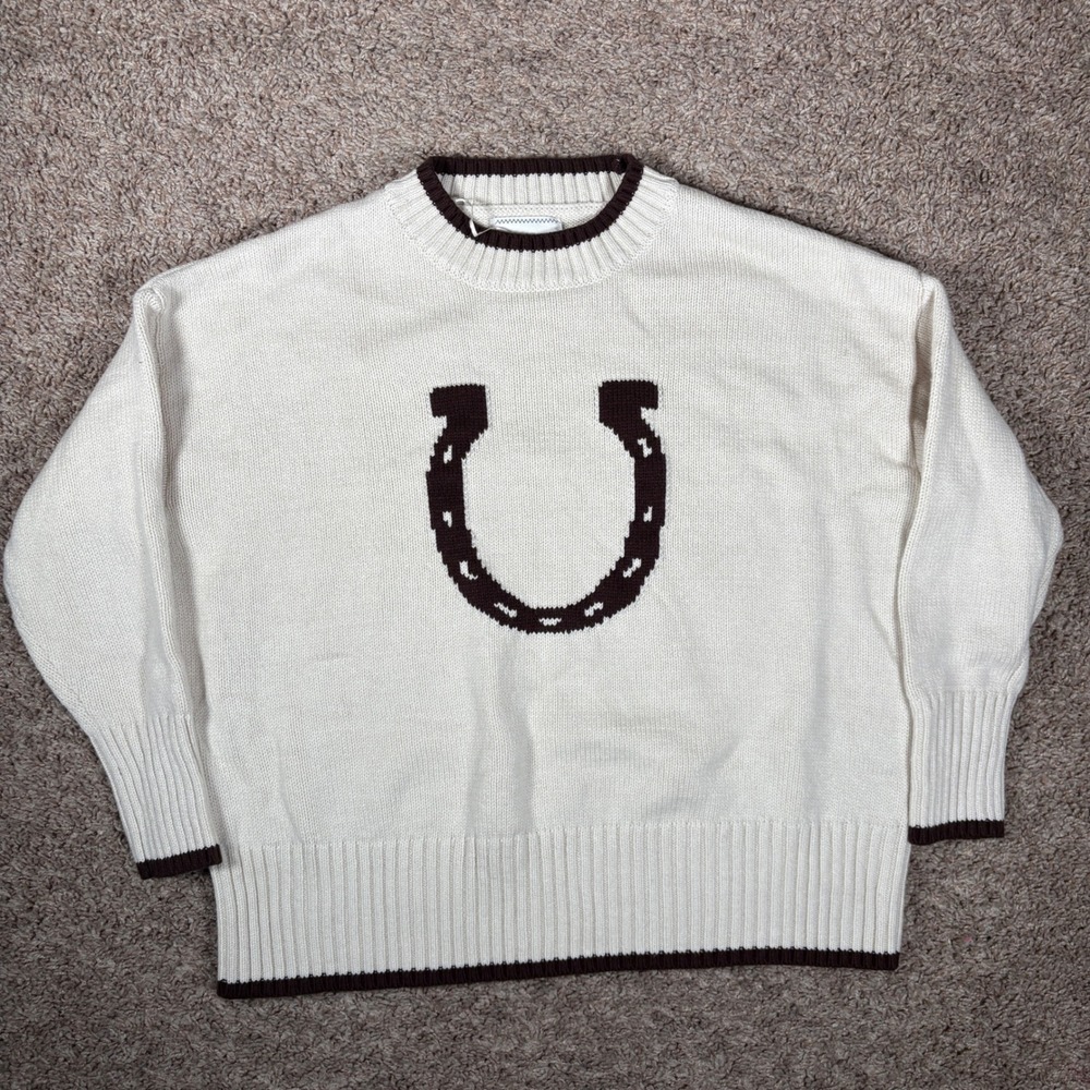 Soho & Stella‎ Womens Horseshoe Graphic Knit Sweater Cream Brown XS ST23808